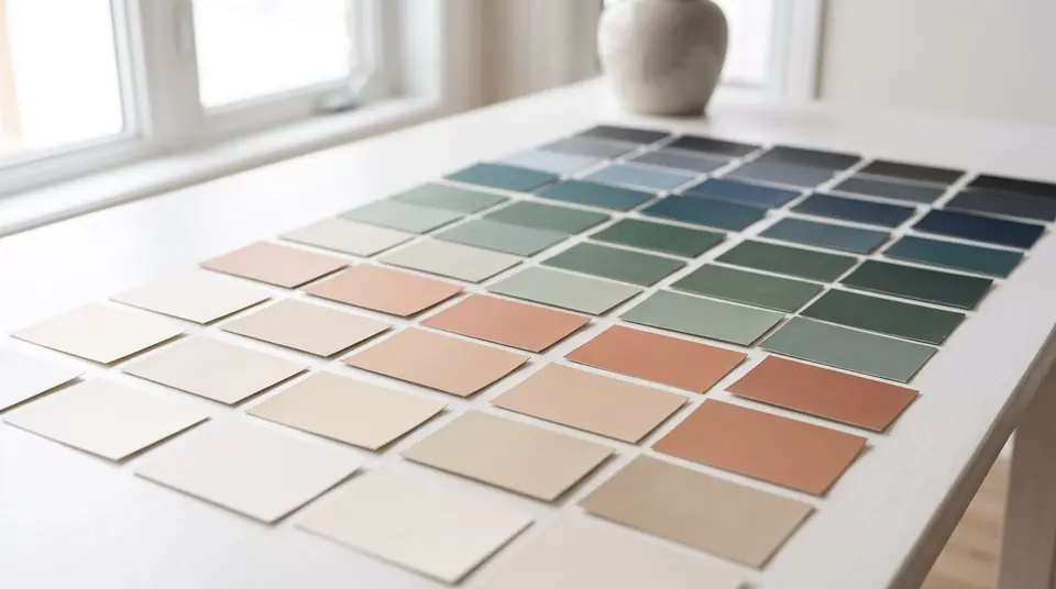 Paint colour sample cards arranged in a gradient