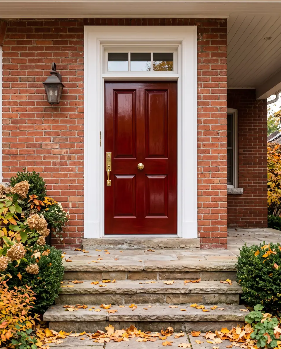 A glossy maple-red front door on a brick house
