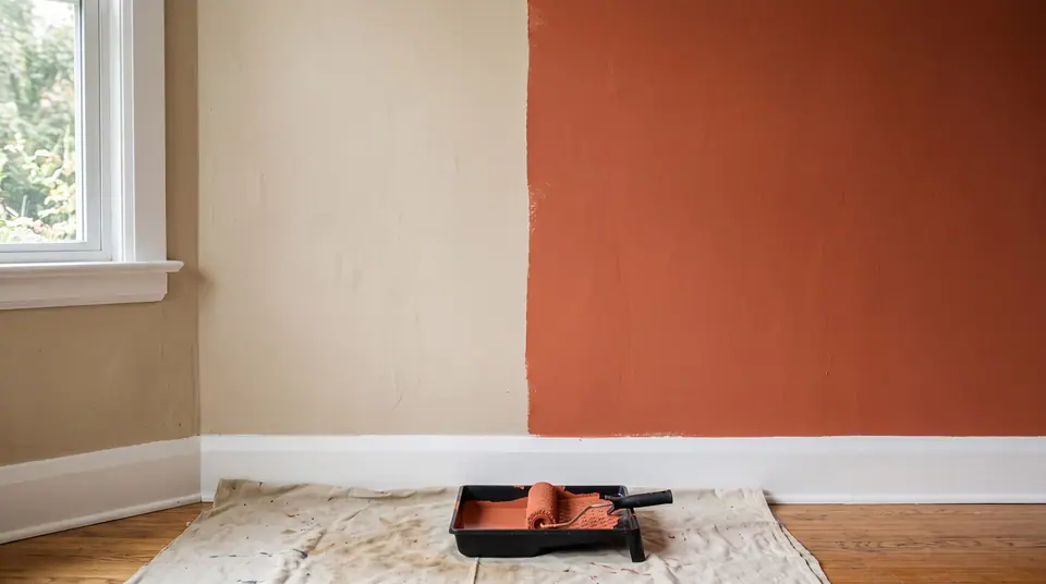 A wall half old beige, half freshly painted terracotta