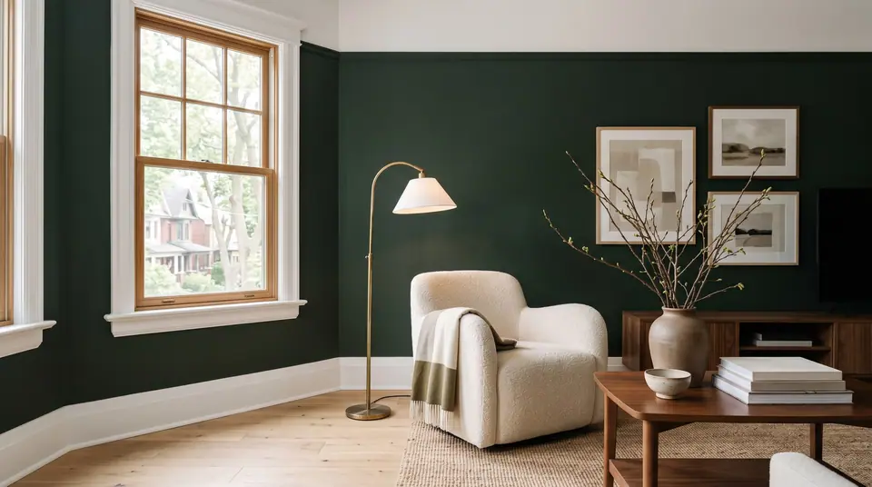 A living room with deep green walls and crisp white trim