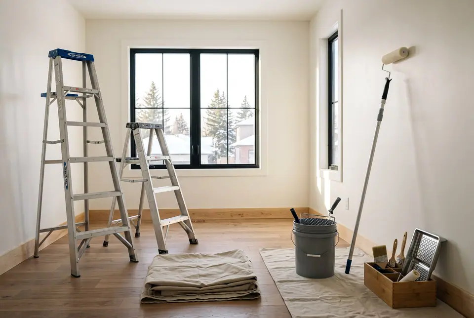 Ladders, drop cloths and a roller in a freshly painted room