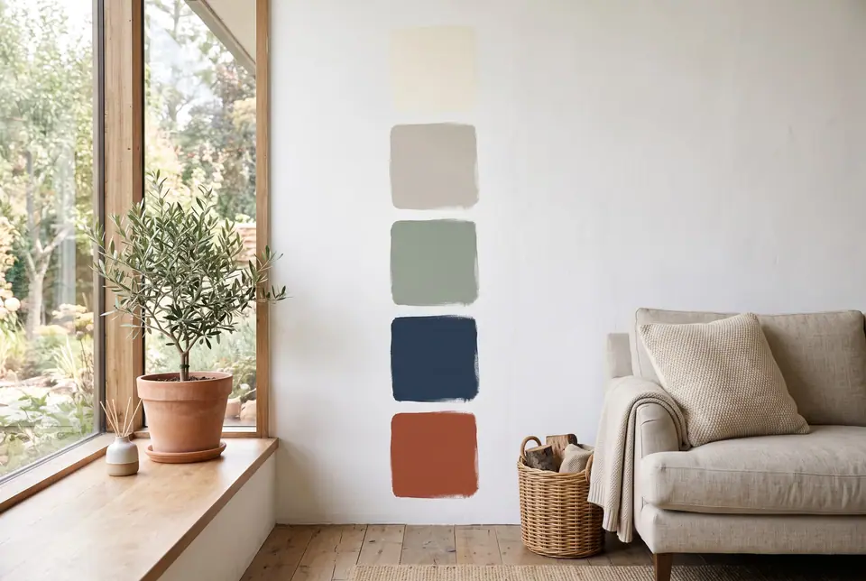 Large paint sample patches on a living room wall
