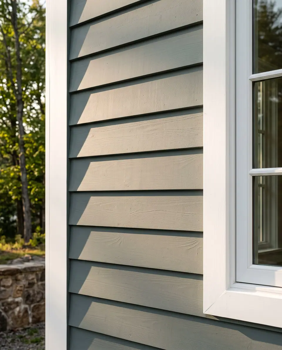 Freshly painted grey-green clapboard siding with white trim