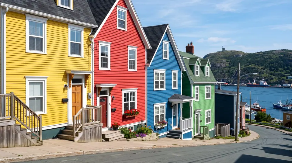 Colourful row houses on a hillside street in St. John's, Newfoundland