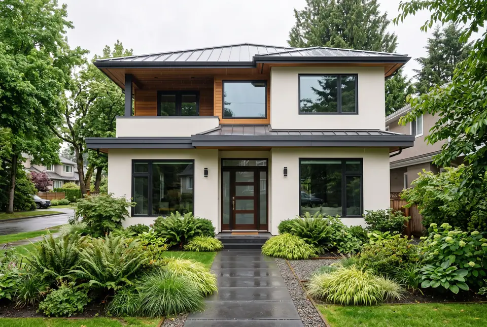 A modern stucco house painted warm white with charcoal trim