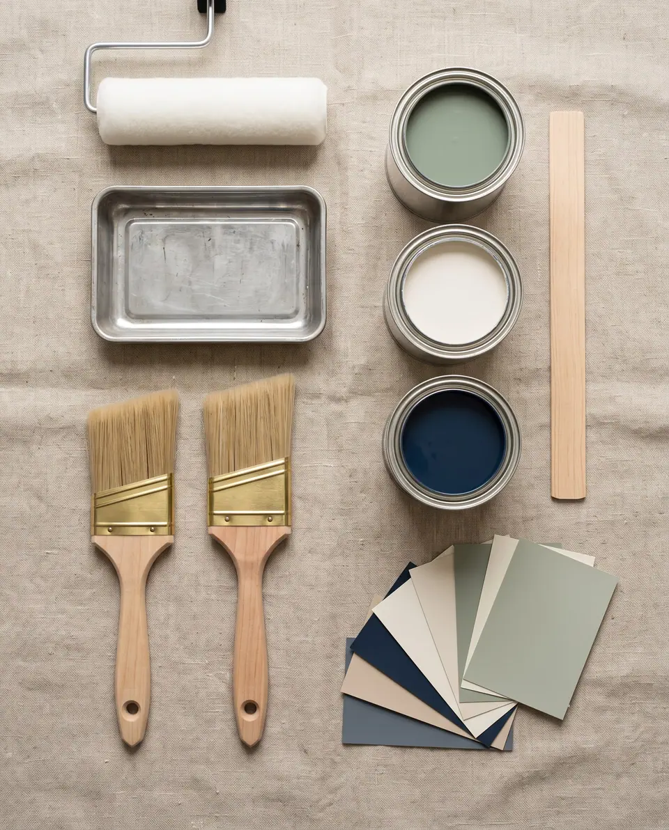 Paint brushes, a roller and open tins of sage, white and navy paint