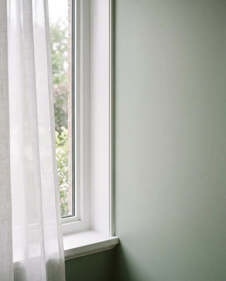 A crisp paint line where a sage green wall meets white window trim